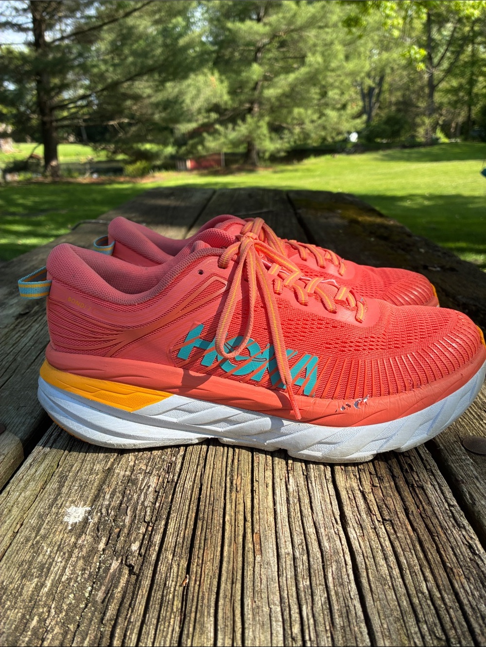 Hoka One One Coral-Orange Running Shoes with Turquoise Logo